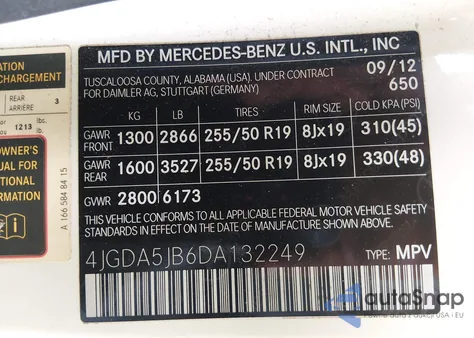 2013 Mercedes-Benz Ml 350 из США, поврежденный, VIN 4JGDA5JB6DA132249